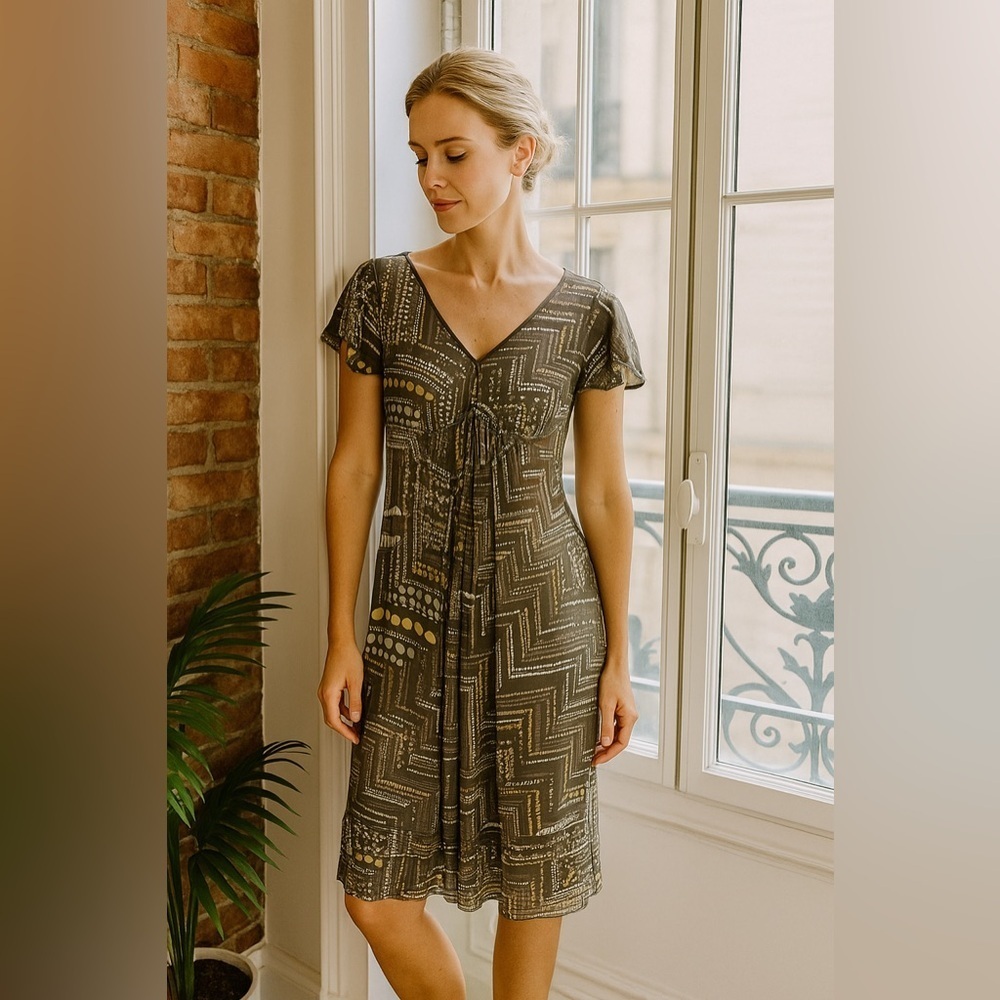 J. Jill 100% Silk Dress V-neck Short Sleeves Geometric Pattern Lined size 4
